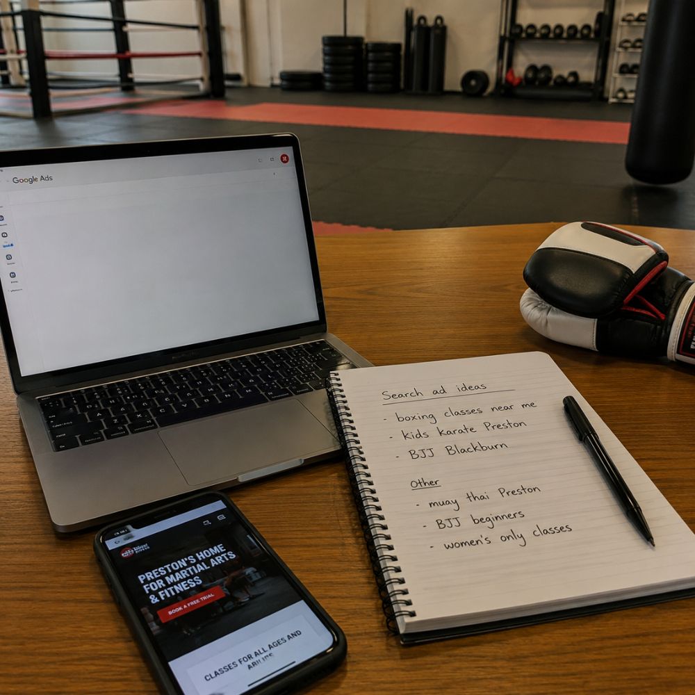 Laptop with the Google Ads interface open alongside a notepad listing search keyword ideas including boxing classes, BJJ, and Muay Thai for gyms in Lancashire