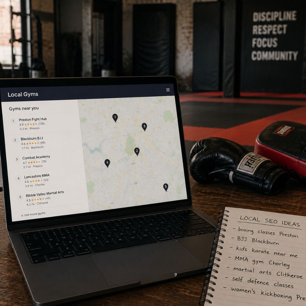 Laptop displaying a local gym search results map with star ratings and distances, next to a notepad listing local SEO keyword ideas for martial arts gyms in Lancashire