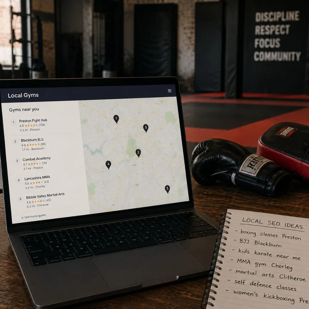 Laptop displaying a local gym search results map with star ratings and distances, next to a notepad listing local SEO keyword ideas for martial arts gyms in Lancashire