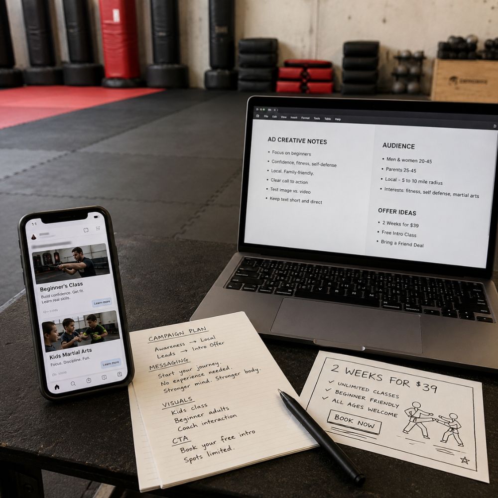 Laptop with Meta Ads creative notes alongside a phone showing Facebook ad mockups for a beginner martial arts class, with a campaign plan and '2 Weeks for £39' intro offer