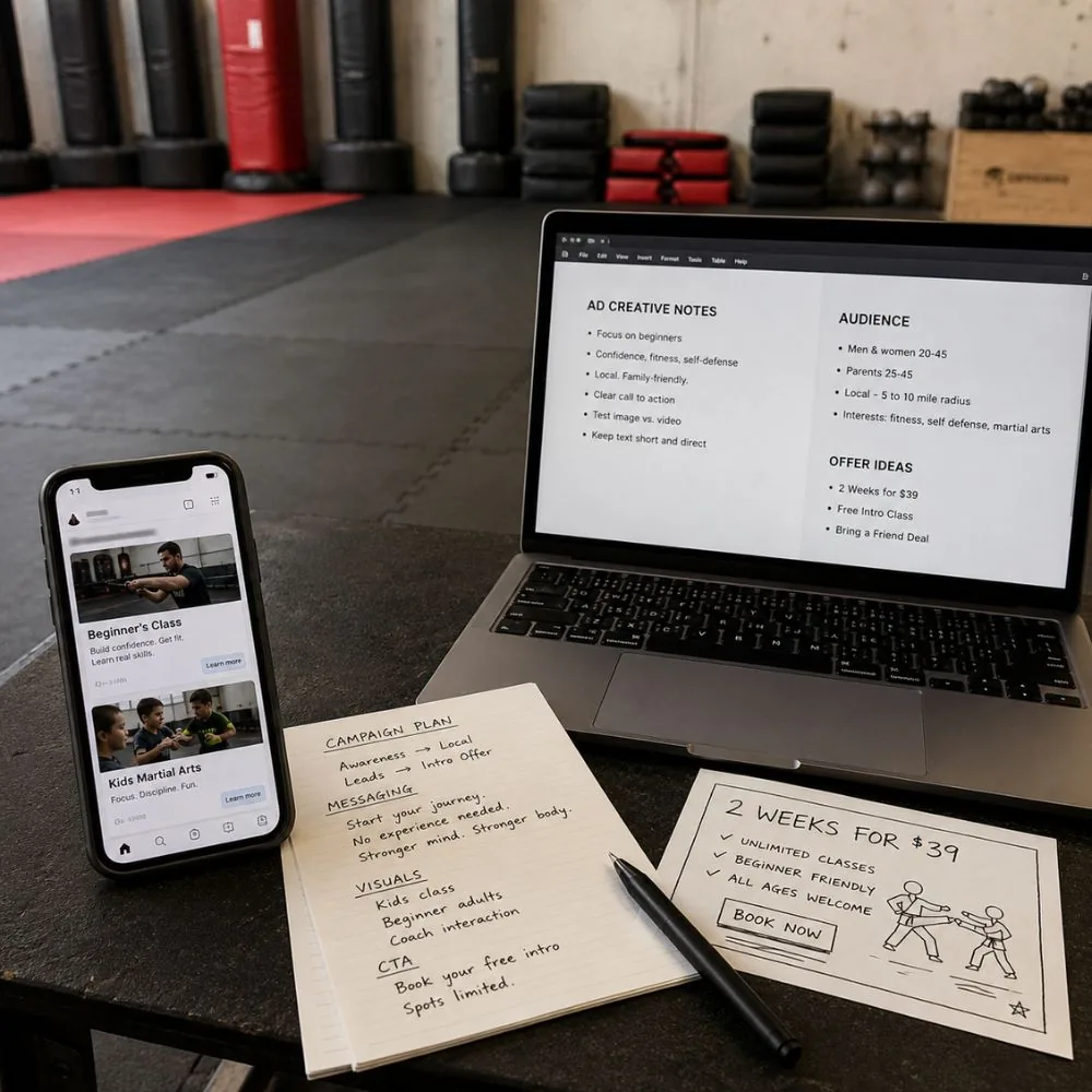 Laptop with Meta Ads creative notes alongside a phone showing Facebook ad mockups for a beginner martial arts class, with a campaign plan and '2 Weeks for £39' intro offer