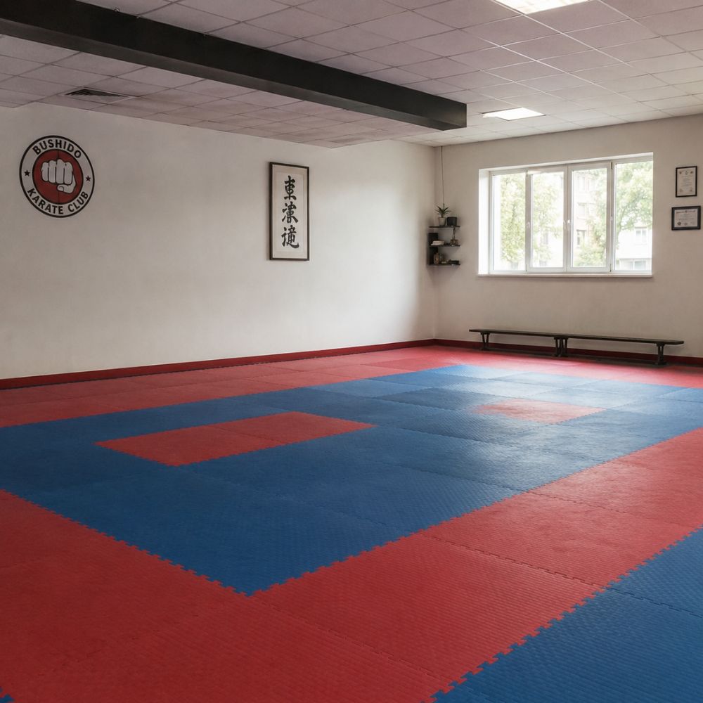 Karate dojo with red and blue mats