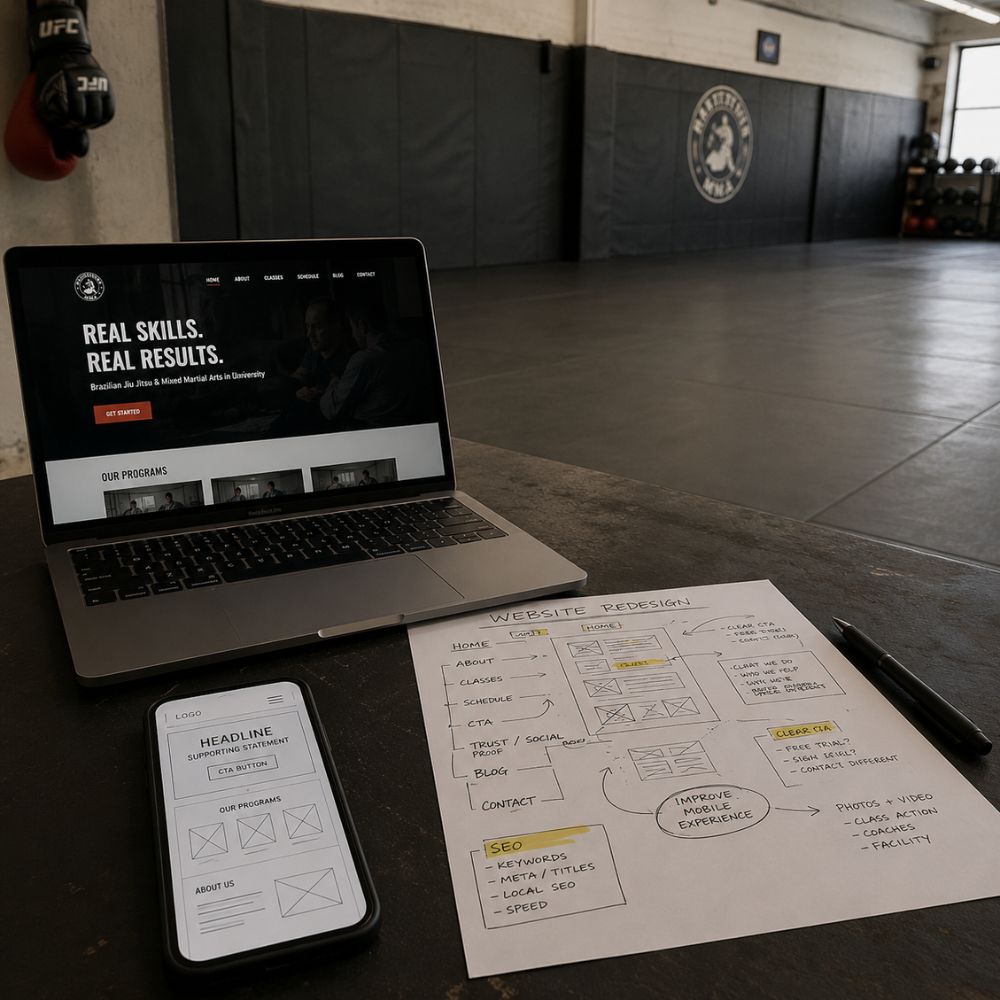 Laptop showing a gym website redesign with a bold headline and clear call to action, alongside a wireframe planning document and mobile mockup