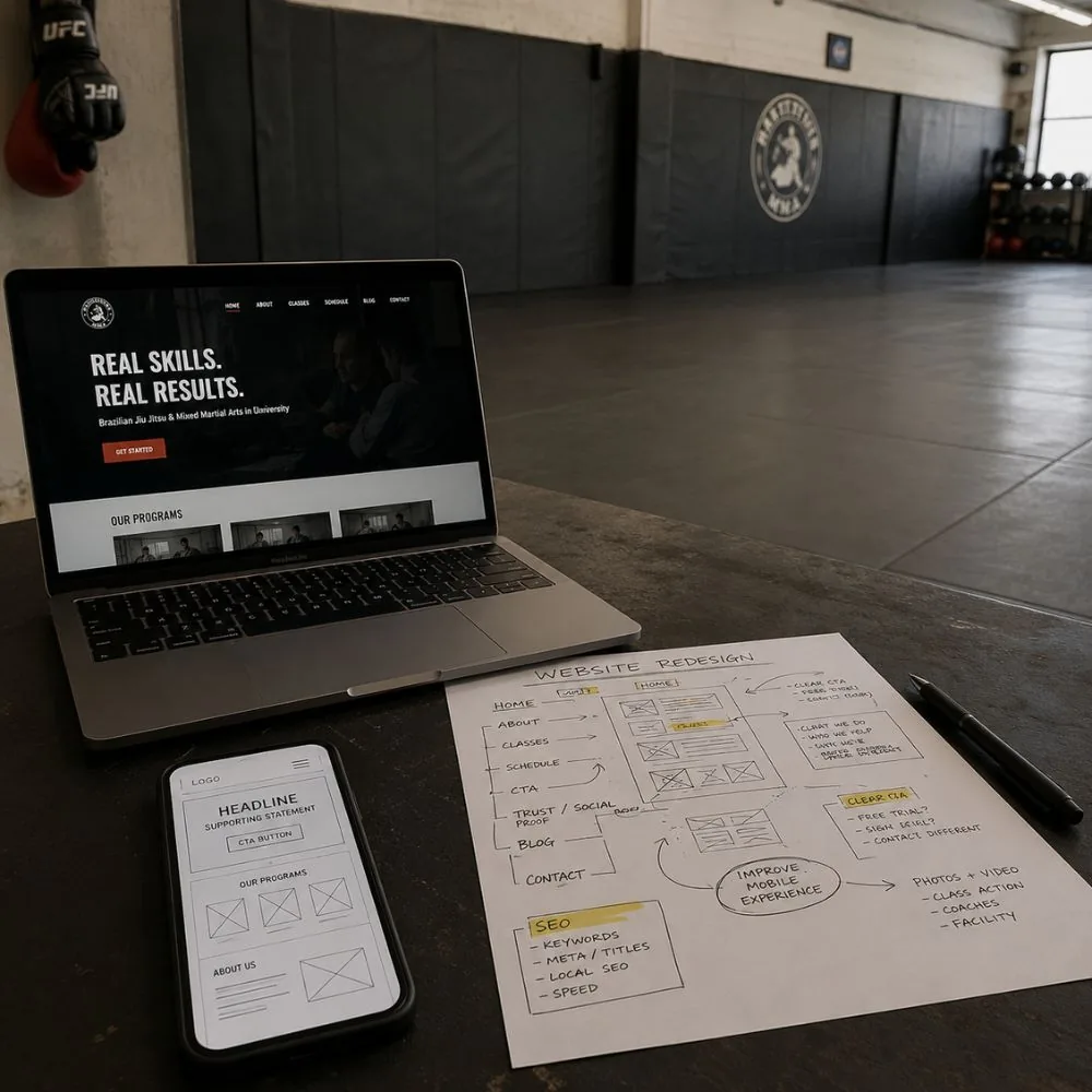 Laptop showing a gym website redesign with a bold headline and clear call to action, alongside a wireframe planning document and mobile mockup