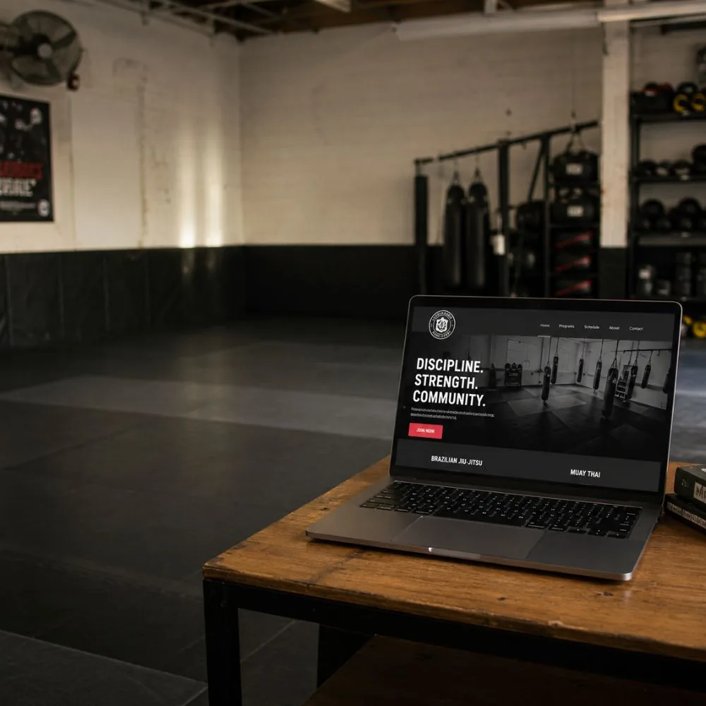 Laptop displaying a martial arts gym website with the headline 'Discipline. Strength. Community.' on a wooden table inside a boxing gym