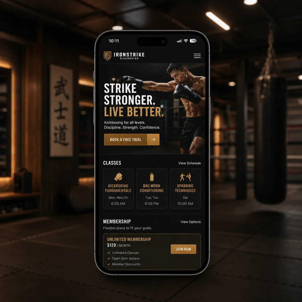 Example gym website on mobile, IronStrike Kickboxing